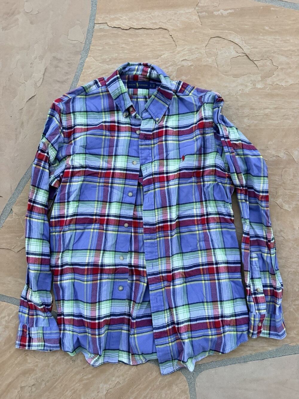 Ralph Lauren Mens Large Blue Plaid Button Down Shirt Long Sleeve Pony Logo L CB
